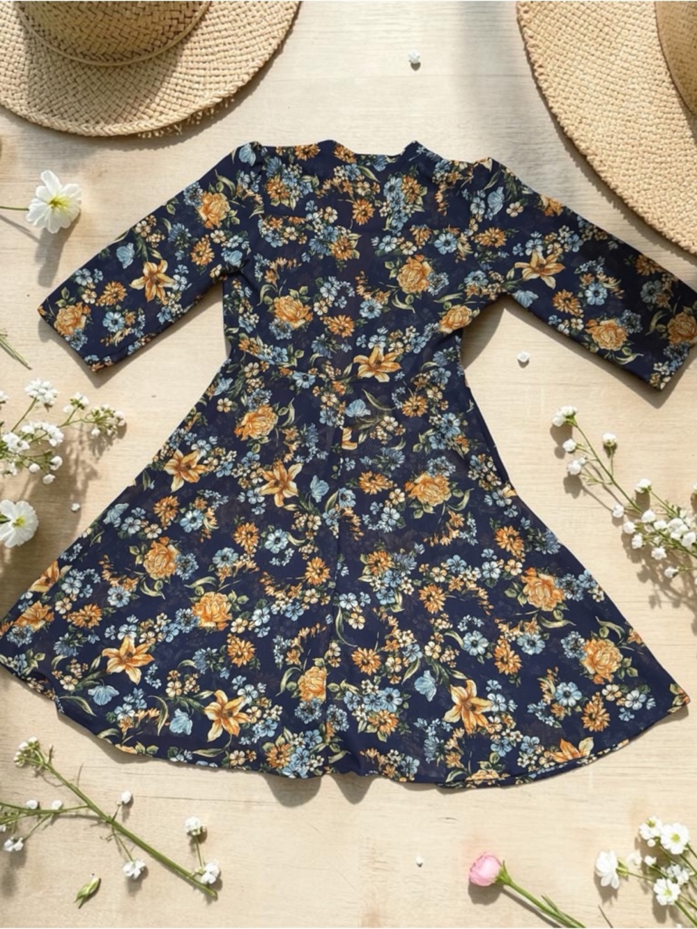 Robert Louis Navy Floral Midi Dress with Yellow & Light Blue Blooms - Picture 3 of 11